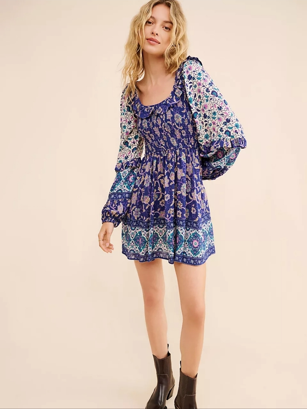 Spell Clairvoyant Bohemian Floral Long-Sleeve Mini Dress in Blue